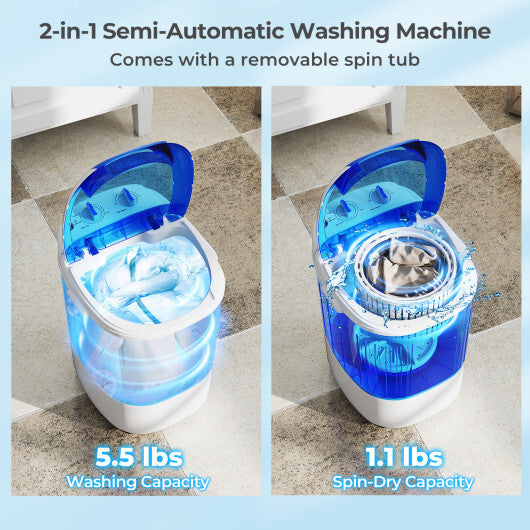 Portable Mini Semi-automatic Washing Machine with Spin Tub and Drain Hose 2.5 kg Capacity-Blue W2B