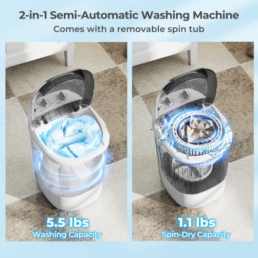 Portable Mini Semi-automatic Washing Machine with Spin Tub and Drain Hose 2.5 kg Capacity-Blue W2B