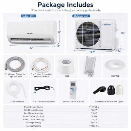 Lithzen 12000 BTU 115V 17 SEER2 Mini Split Air Conditioner and Heater WiFi Enabled W2B