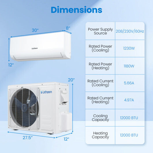 Lithzen 12000 BTU 208-230V 17 SEER2 Mini Split Air Conditioner and Heater WiFi Enabled W2B