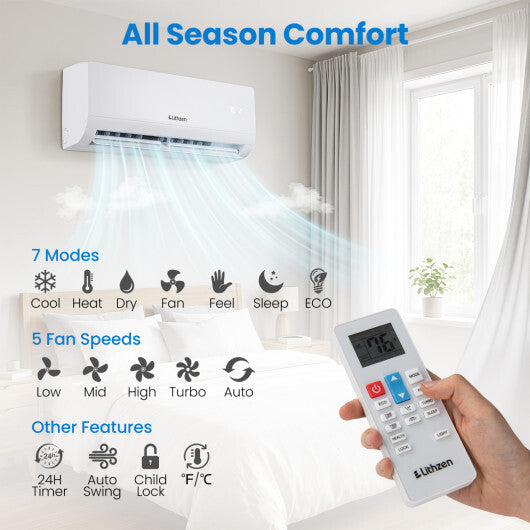Lithzen 12000 BTU 208-230V 17 SEER2 Mini Split Air Conditioner and Heater WiFi Enabled W2B