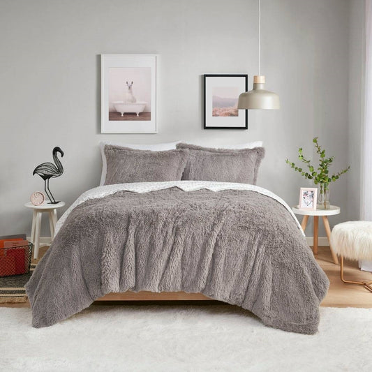 Full/Queen size Grey Reversible Soft Sherpa Faux Fur 3-Piece Comforter Set