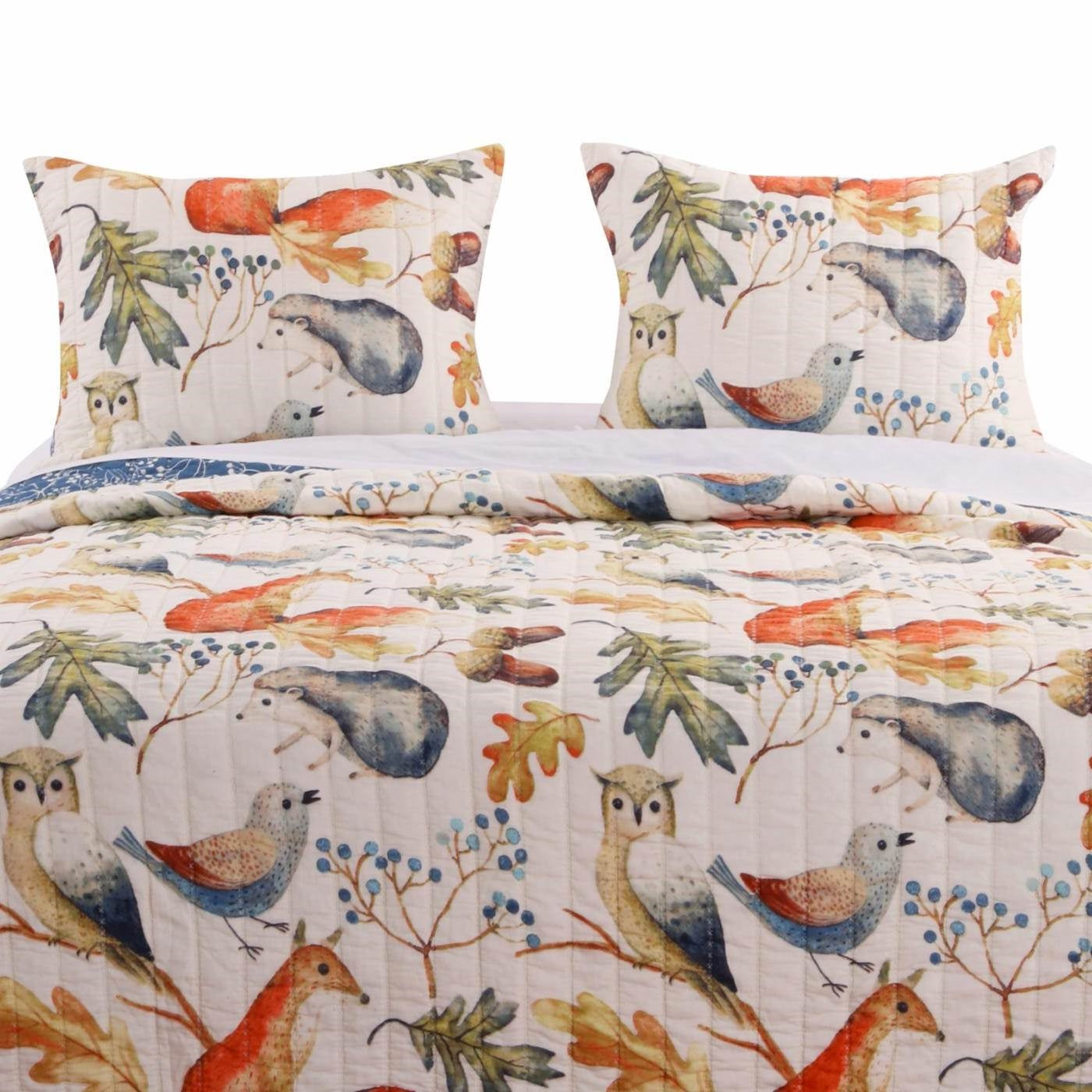 Full/Queen Blue Beige Birds Animals Floral Microfiber Reversible Quilt Set FastFurnishings