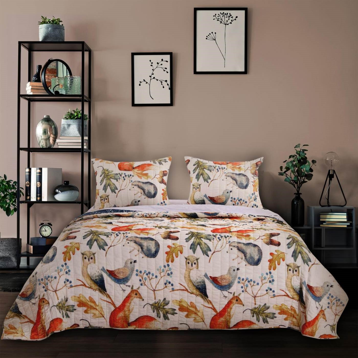 Full/Queen Blue Beige Birds Animals Floral Microfiber Reversible Quilt Set FastFurnishings