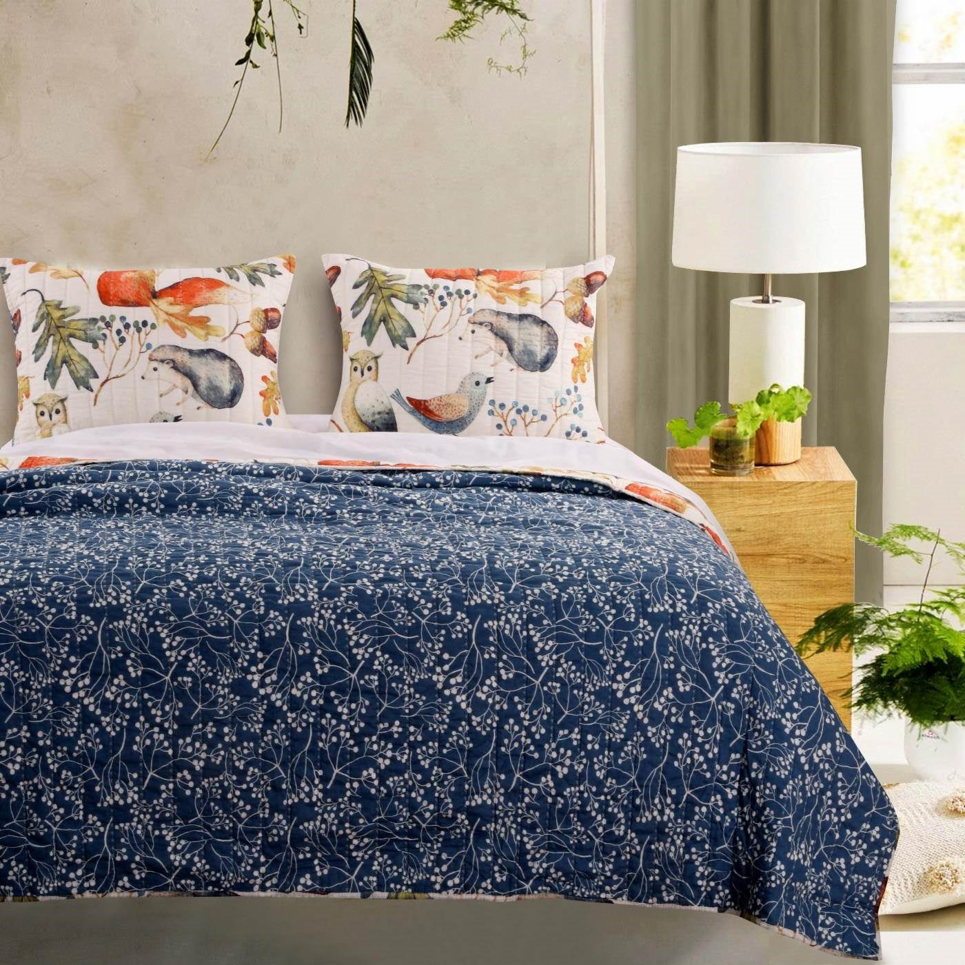 Full/Queen Blue Beige Birds Animals Floral Microfiber Reversible Quilt Set FastFurnishings