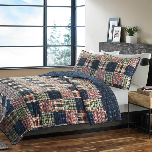 Full / Queen Farmhouse Red Navy Plaid 100-Percent Cotton Reversible Quilt Set HomePacific