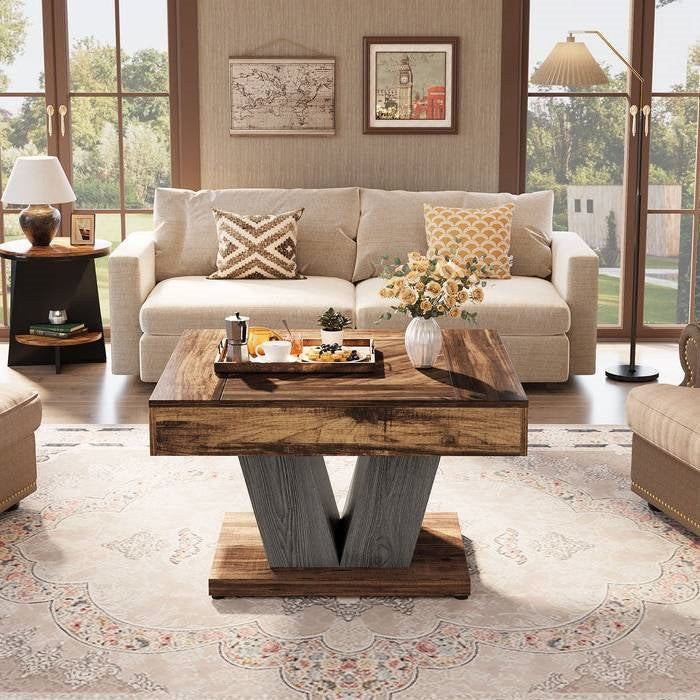 Square Farmhouse Coffee Table in Brown Black Wood Finish-2