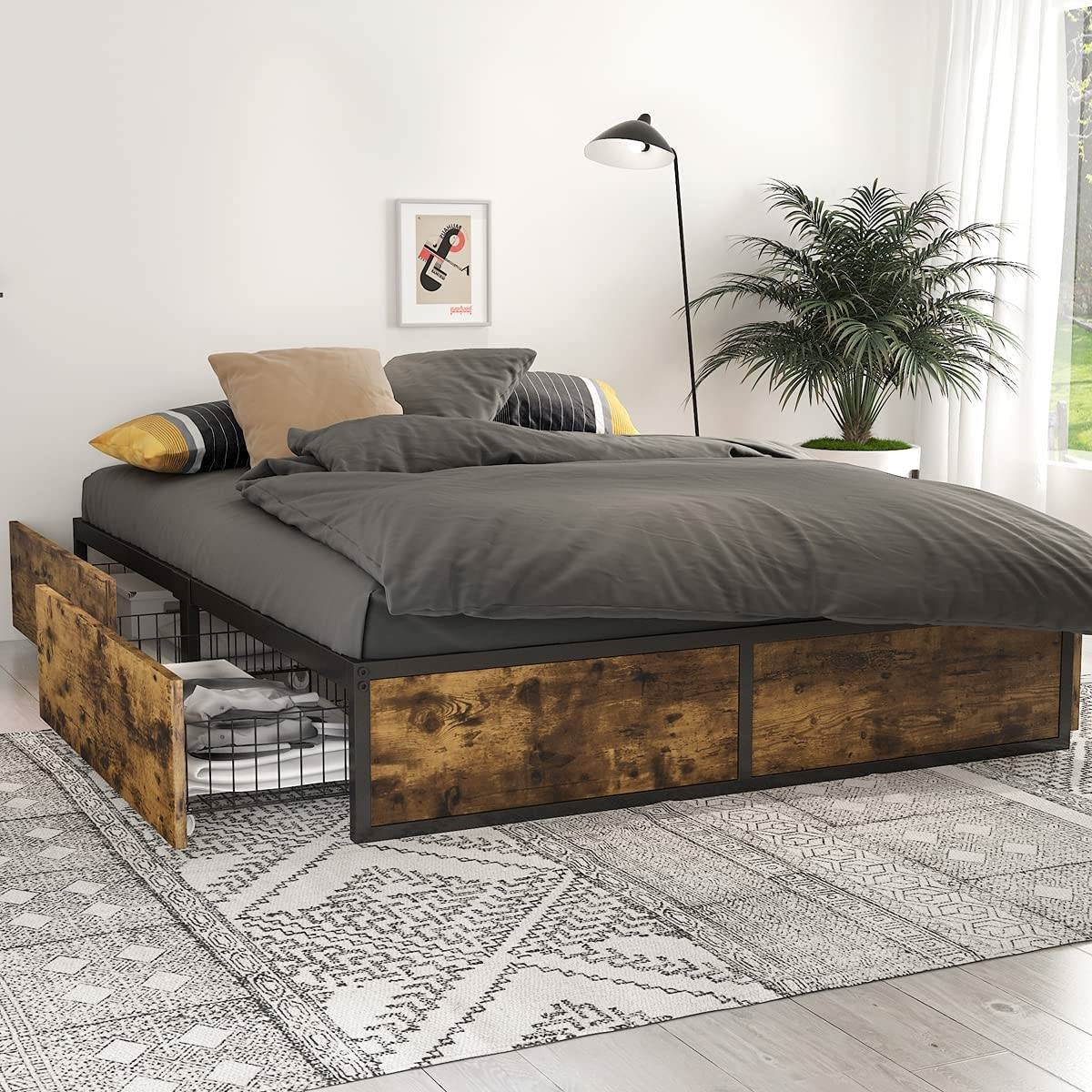 Full Metal Wood Platform Bed Frame with 4 Storage Drawers - 600 lbs Max Weight HomePacific