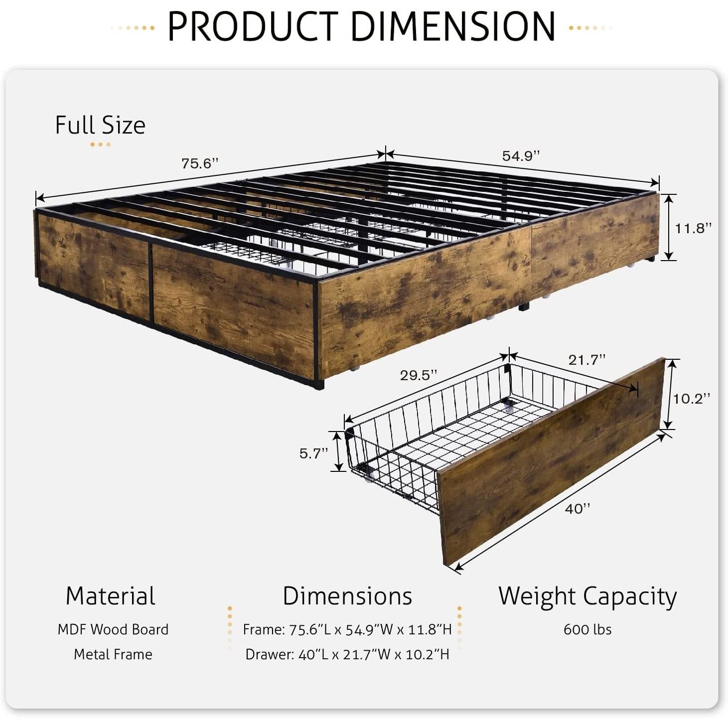 Full Metal Wood Platform Bed Frame with 4 Storage Drawers - 600 lbs Max Weight HomePacific