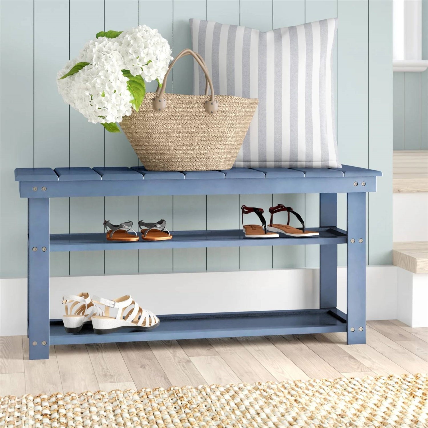 Blue Wood 2-Shelf Shoe Rack Storage Bench - 150 lbs. Weight Capacity FastFurnishings