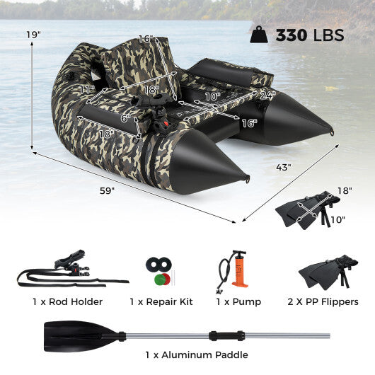 350 LBS Inflatable Fishing Float Tube with Adjustable Backrest and Backpack Straps-Camouflage W2B