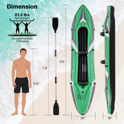11.5 Feet Inflatable Kayak 2 Person Heavy Duty with Aluminum Paddles-Green W2B