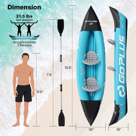 Inflatable Kayak 2 Person Heavy Duty Tandem Touring Kayak with Aluminum Paddles-Blue W2B