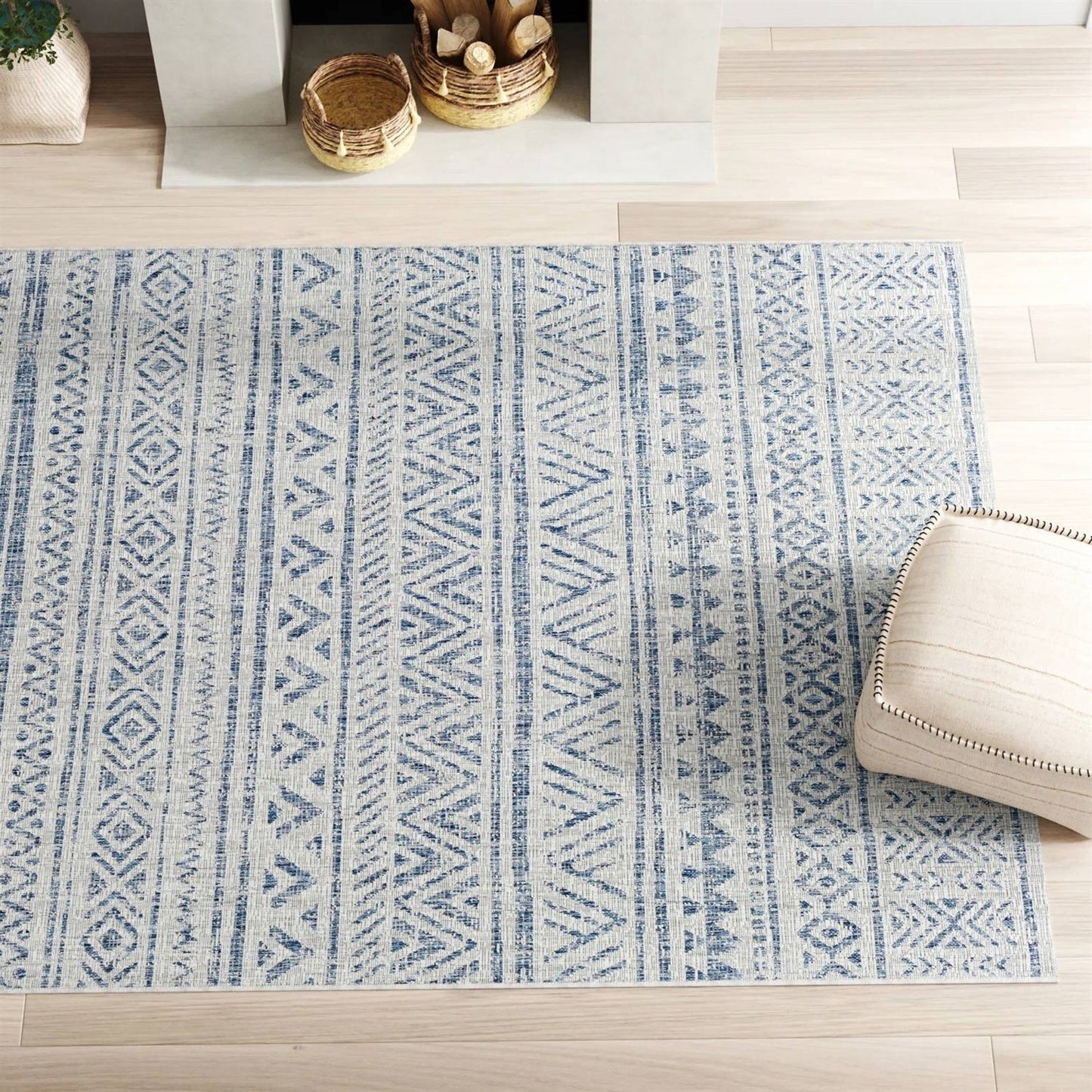 4 ft. x 6 ft. Blue Grey Chevron Coastal Boho Style Indoor Outdoor Area Rug FastFurnishings