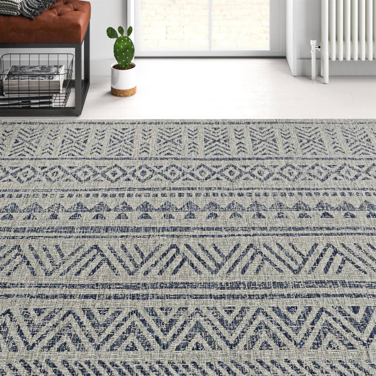 4 ft. x 6 ft. Blue Grey Chevron Coastal Boho Style Indoor Outdoor Area Rug FastFurnishings