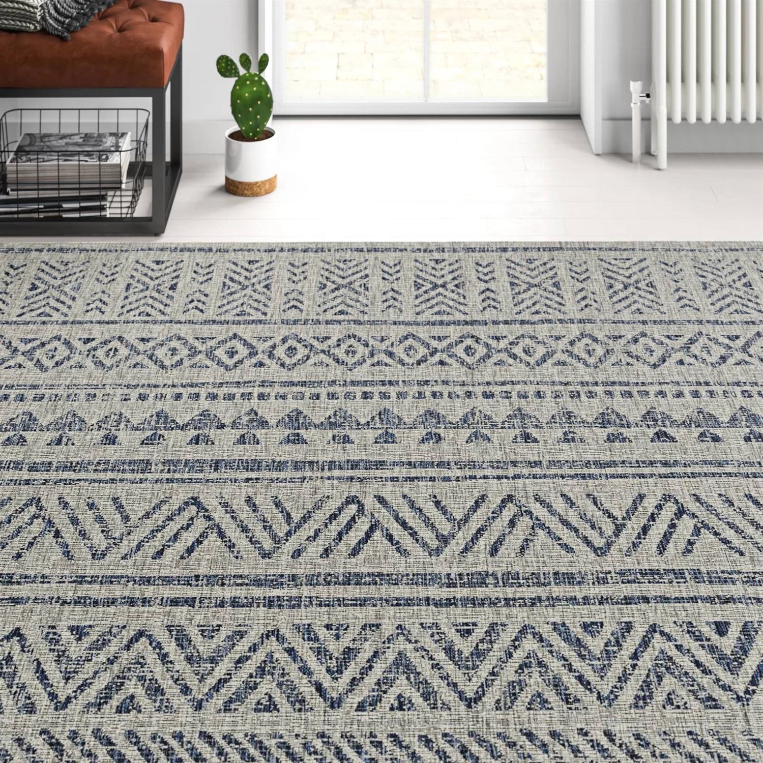 4 ft. x 6 ft. Blue Grey Chevron Coastal Boho Style Indoor Outdoor Area Rug FastFurnishings