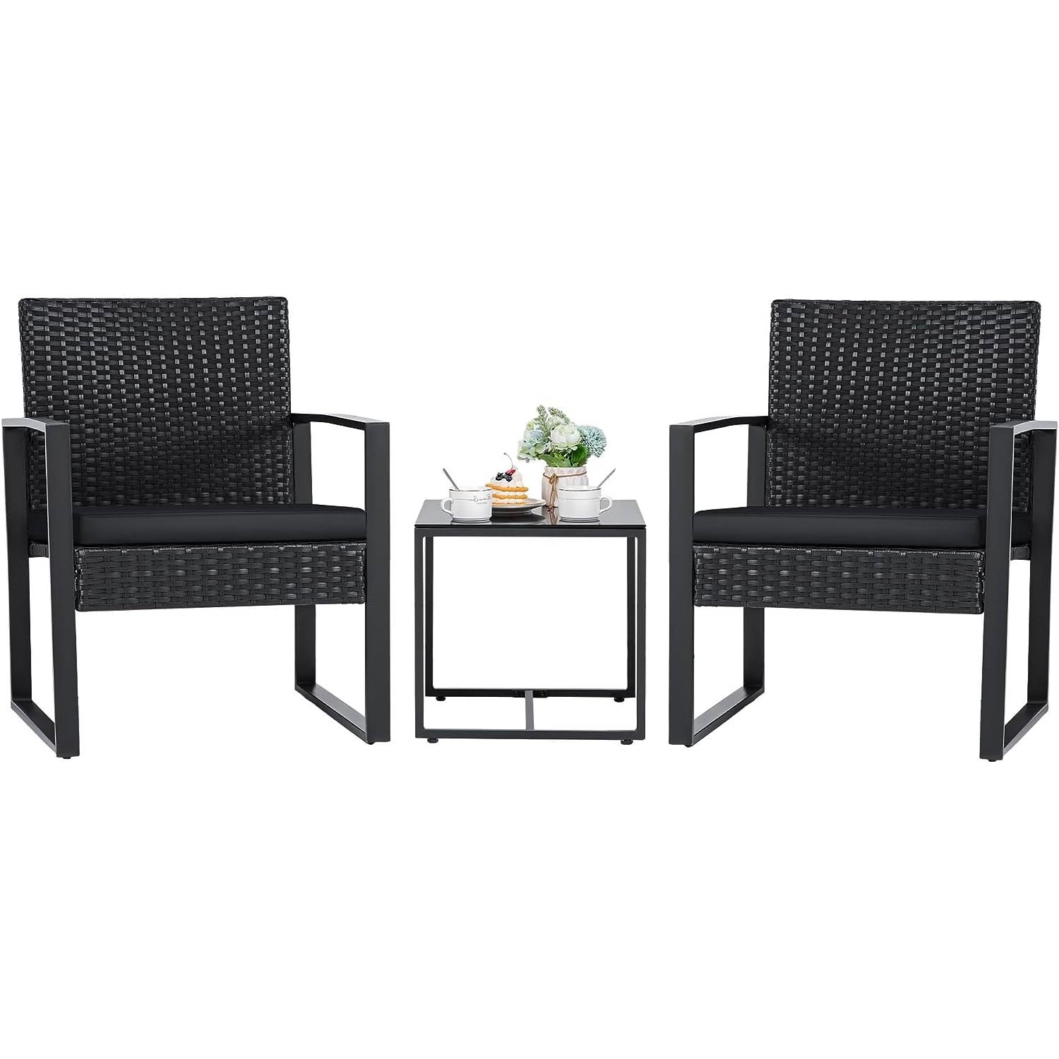 Outdoor 3-Piece Patio Furniture Set with 2 Black Patio Chairs and 1 Side Table FastFurnishings