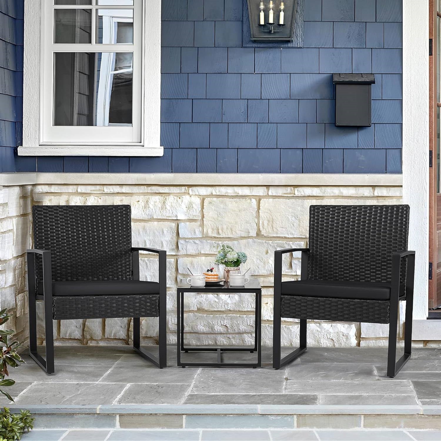 Outdoor 3-Piece Patio Furniture Set with 2 Black Patio Chairs and 1 Side Table FastFurnishings