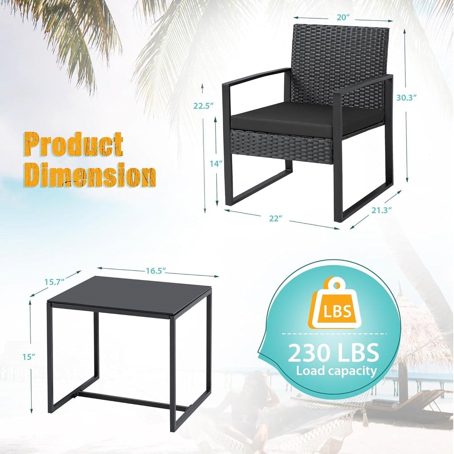 Outdoor 3-Piece Patio Furniture Set with 2 Black Patio Chairs and 1 Side Table FastFurnishings