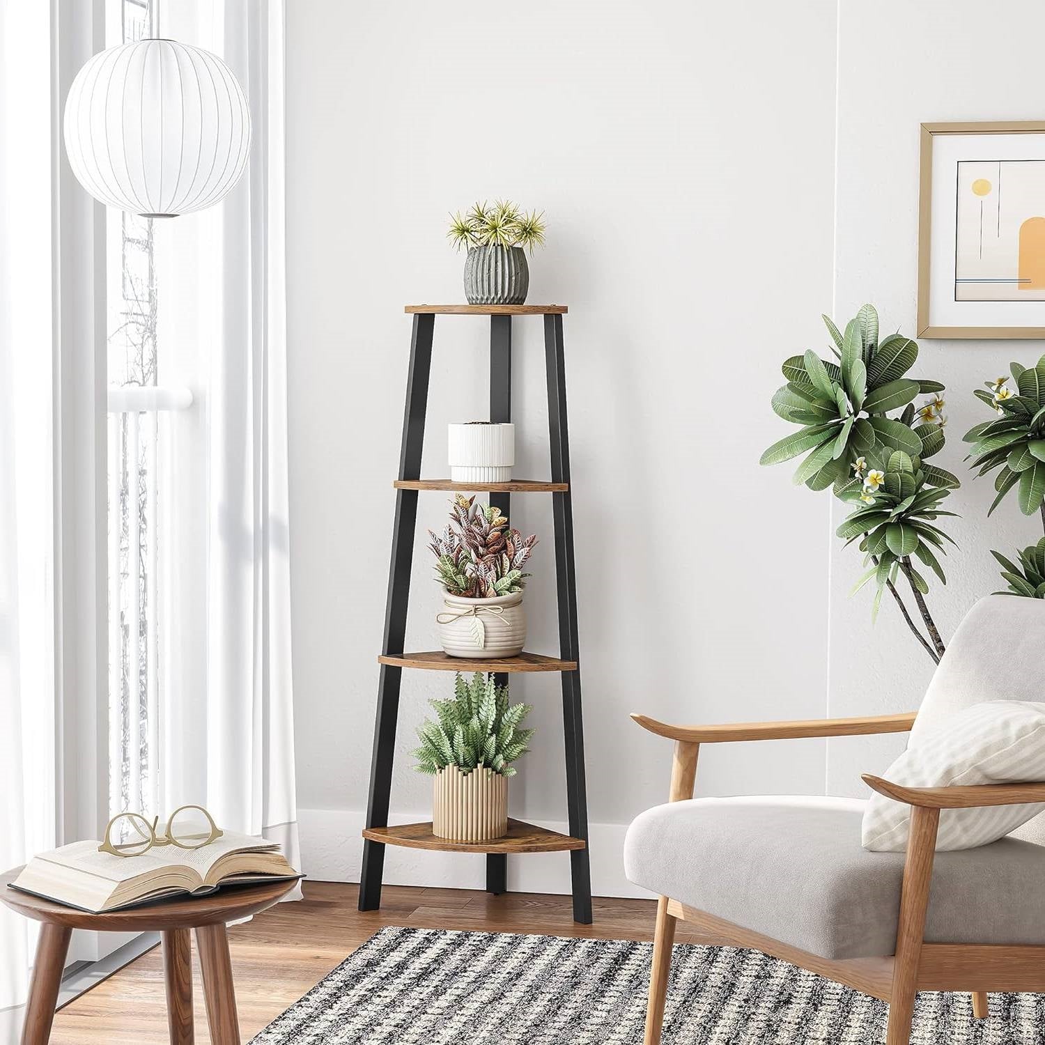 Narrow 3-Shelf Corner Shelving Unit Plant Stand Bookcase in Brown Black Wood FastFurnishings