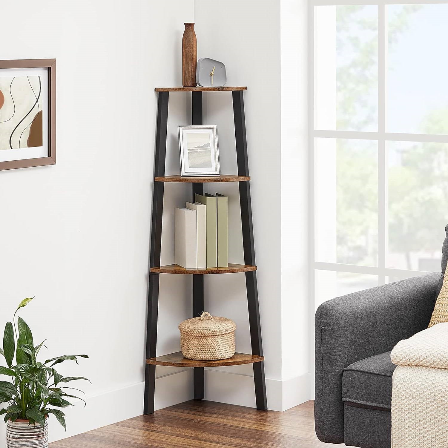 Narrow 3-Shelf Corner Shelving Unit Plant Stand Bookcase in Brown Black Wood FastFurnishings
