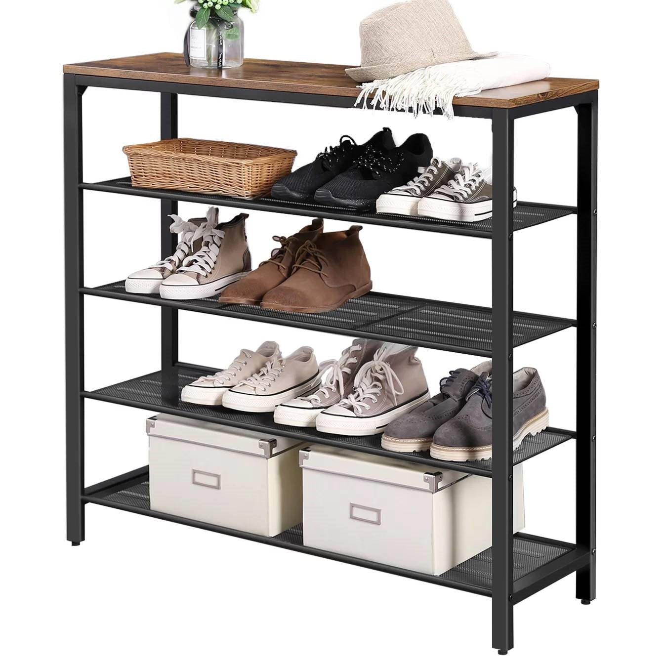 Modern Industrial Style 5-Tier Black Metal Shoe Rack with Brown Wood Top FastFurnishings