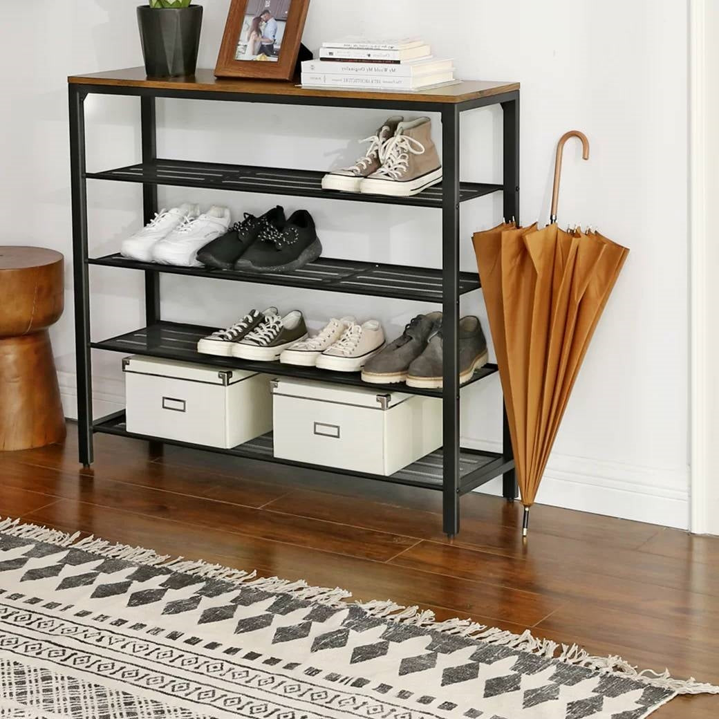 Modern Industrial Style 5-Tier Black Metal Shoe Rack with Brown Wood Top FastFurnishings