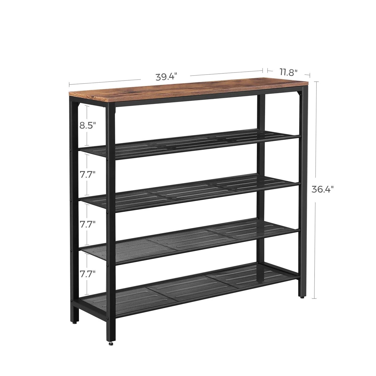 Modern Industrial Style 5-Tier Black Metal Shoe Rack with Brown Wood Top FastFurnishings