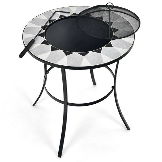 Portable Round Fire Pit Table with Mesh Cover and Fire Poker-1