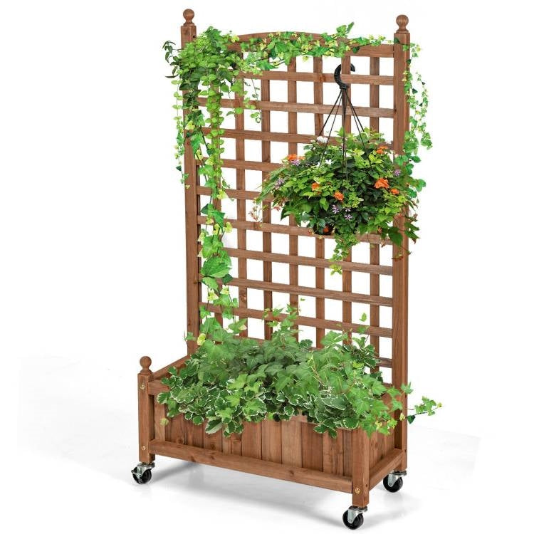 Outdoor Solid Wood Raised Garden Bed Mobile Planter Box with Trellis on Wheels FastFurnishings