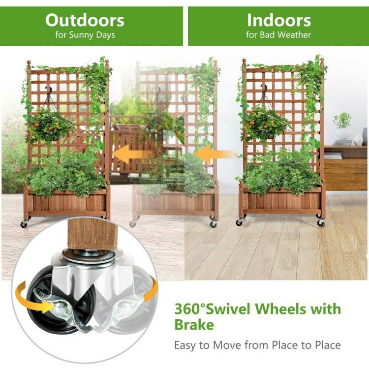 Outdoor Solid Wood Raised Garden Bed Mobile Planter Box with Trellis on Wheels FastFurnishings