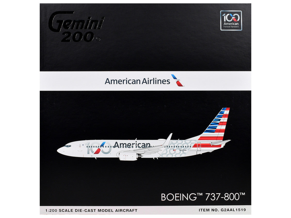 Boeing 737-800 Commercial Aircraft "American Airlines 100th Anniversary 2026" (N840NN) Gray with Tail Stripes "Gemini 200" Series 1/200 Diecast Model Airplane by GeminiJets GeminiJets