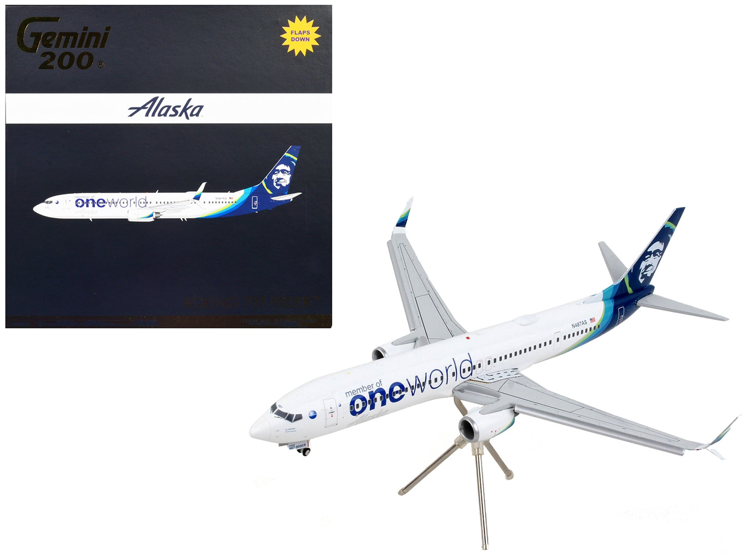 Boeing 737-900ER Commercial Aircraft with Flaps Down "Alaska Airlines - One World" White with Blue Tail "Gemini 200" Series 1/200 Diecast Model Airplane by GeminiJets