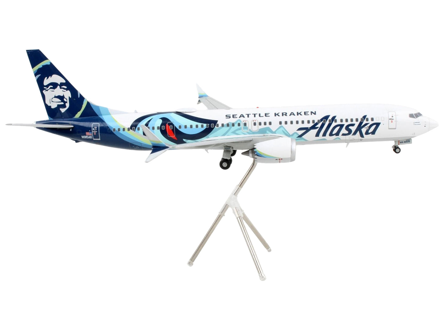 Boeing 737 MAX 9 Commercial Aircraft "Alaska Airlines - Seattle Kraken" White with Blue Tail "Gemini 200" Series 1/200 Diecast Model Airplane by GeminiJets