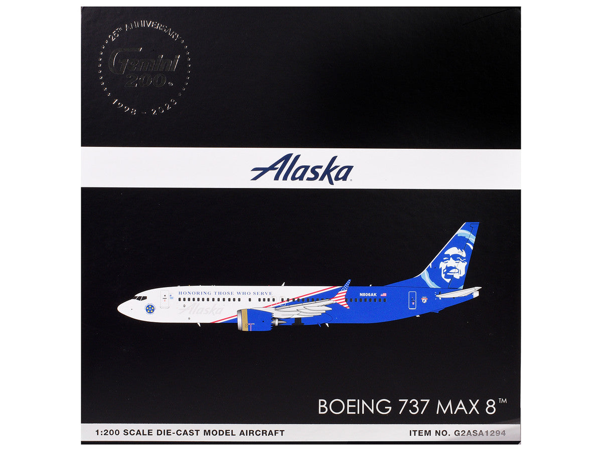 Boeing 737 MAX 8 Commercial Aircraft "Alaska Airlines - Honoring Those Who Serve" (N806AK) White and Blue "Gemini 200" Series 1/200 Diecast Model Airplane by GeminiJets GeminiJets