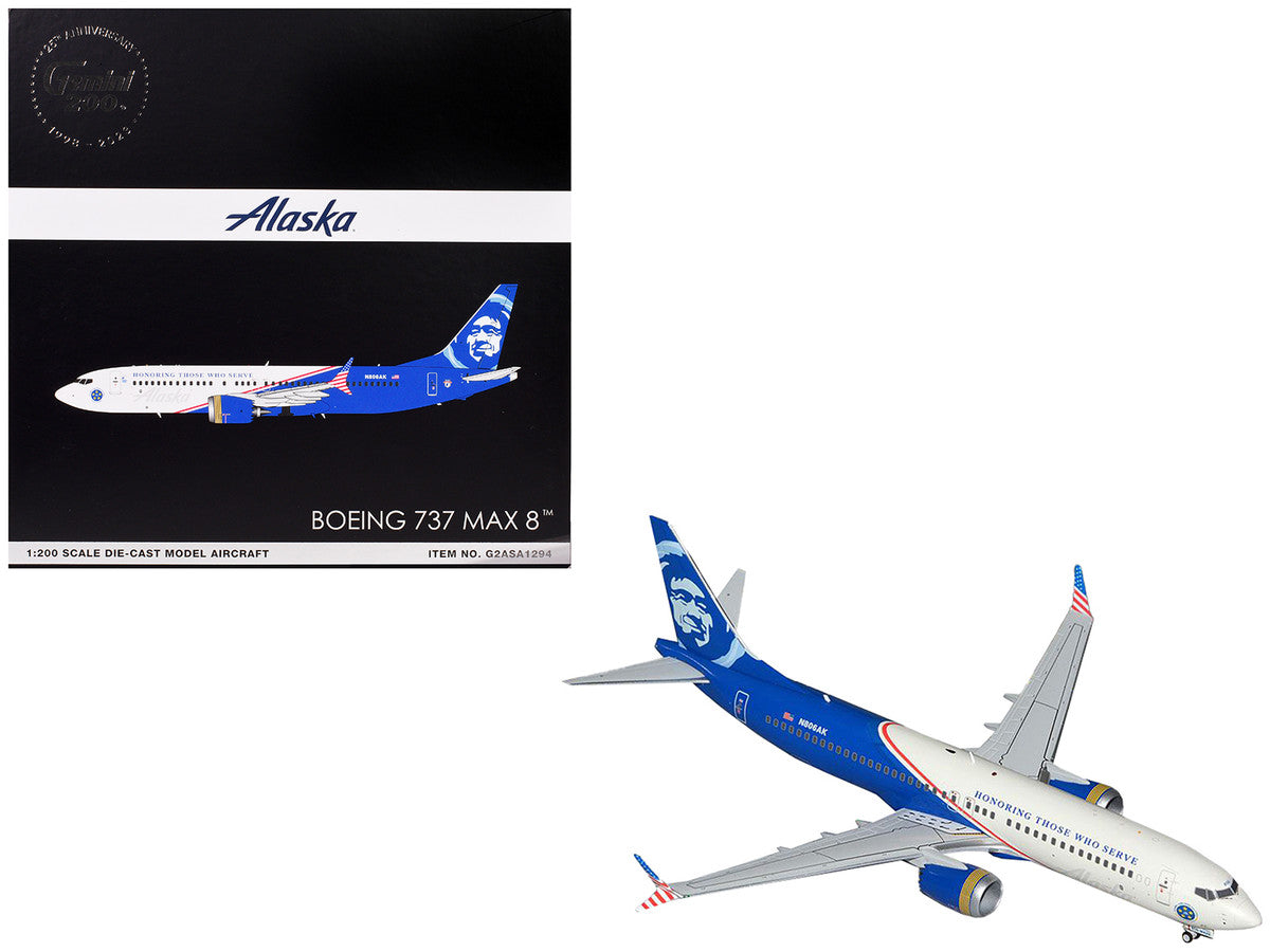 Boeing 737 MAX 8 Commercial Aircraft "Alaska Airlines - Honoring Those Who Serve" (N806AK) White and Blue "Gemini 200" Series 1/200 Diecast Model Airplane by GeminiJets GeminiJets