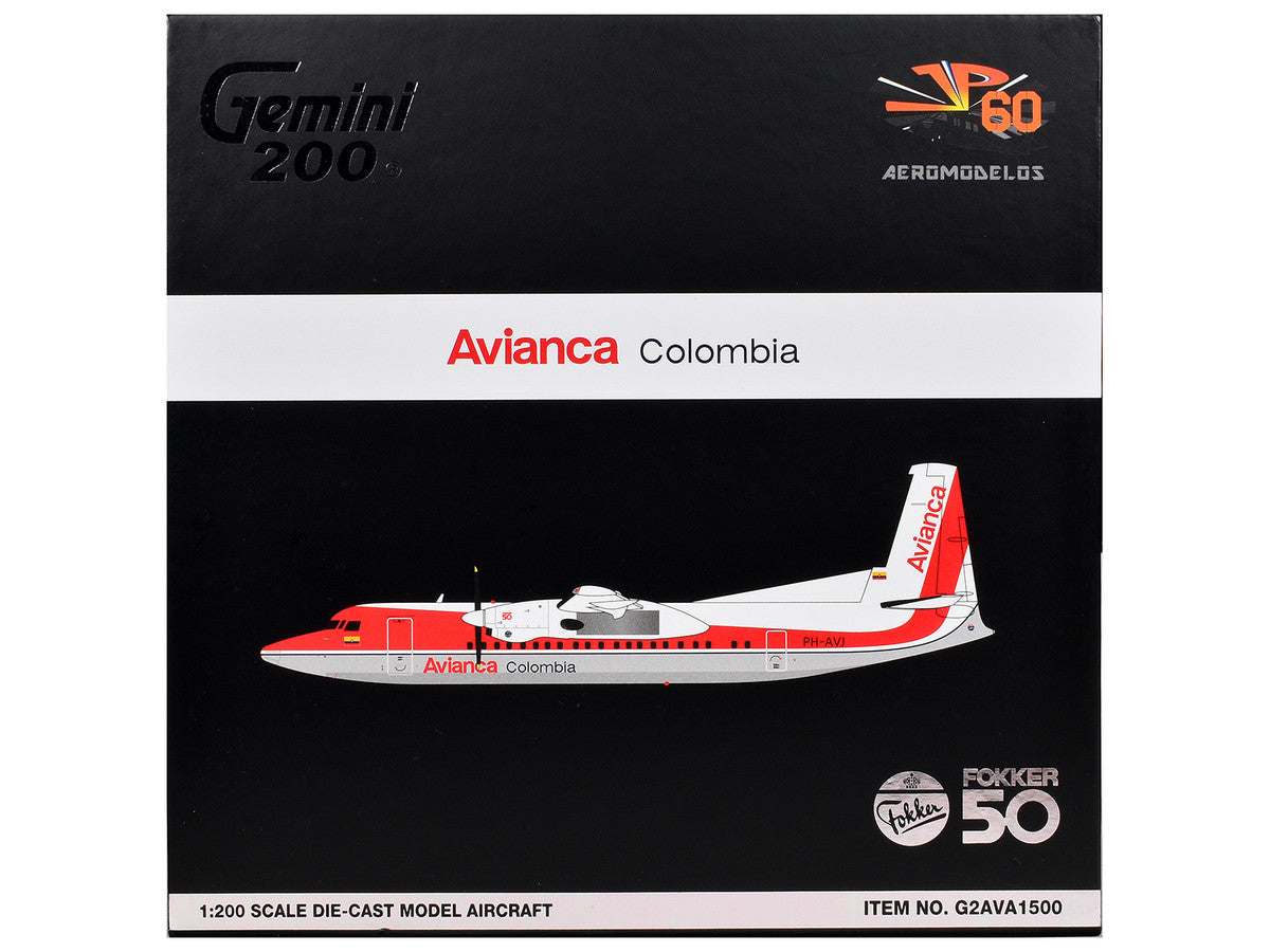 Fokker F50 Commercial Aircraft "Avianca Colombia" (PH-AVJ) White with Red Stripes "Gemini 200" Series 1/200 Diecast Model Airplane by GeminiJets GeminiJets
