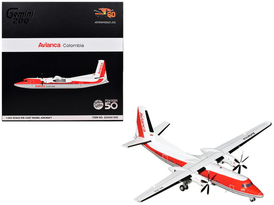 Fokker F50 Commercial Aircraft "Avianca Colombia" (PH-AVJ) White with Red Stripes "Gemini 200" Series 1/200 Diecast Model Airplane by GeminiJets GeminiJets