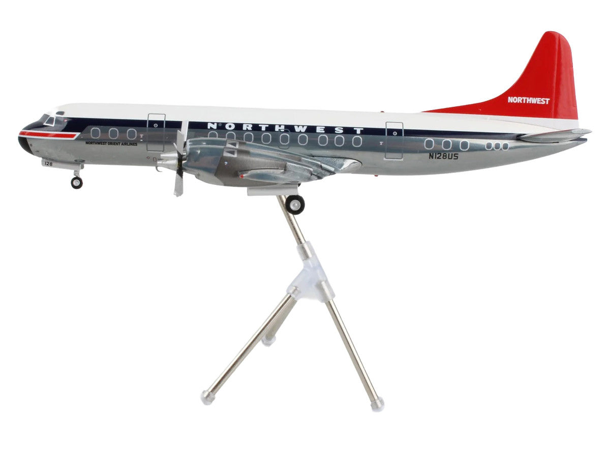Lockheed L-188 Electra Commercial Aircraft "Northwest Orient" (N128US) White and Gray with Blue Stripes and Red Tail "Gemini 200" Series 1/200 Diecast Model Airplane by GeminiJets GeminiJets