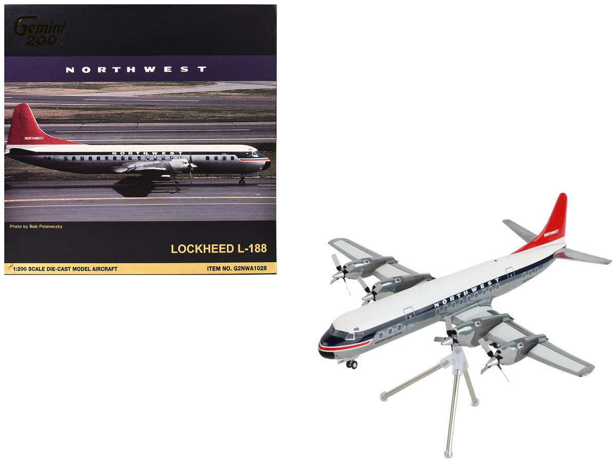 Lockheed L-188 Electra Commercial Aircraft "Northwest Orient" (N128US) White and Gray with Blue Stripes and Red Tail "Gemini 200" Series 1/200 Diecast Model Airplane by GeminiJets GeminiJets