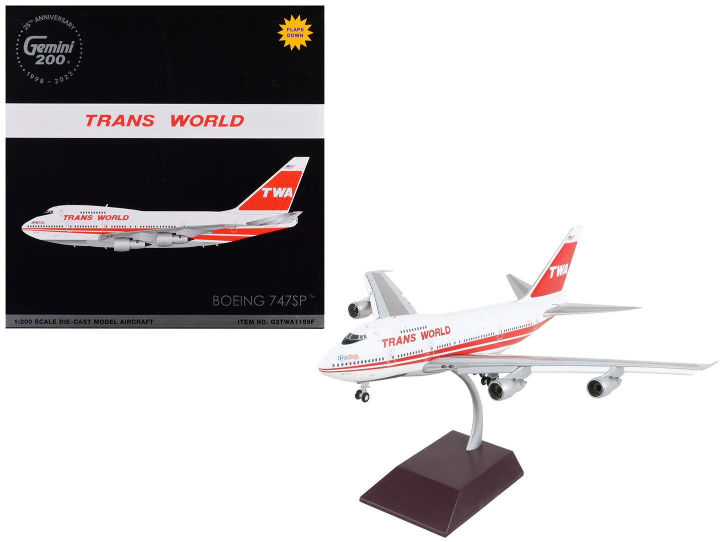 Boeing 747SP Commercial Aircraft with Flaps Down "TWA (Trans World Airlines)" White with Red Stripes and Tail "Gemini 200" Series 1/200 Diecast Model Airplane by GeminiJets