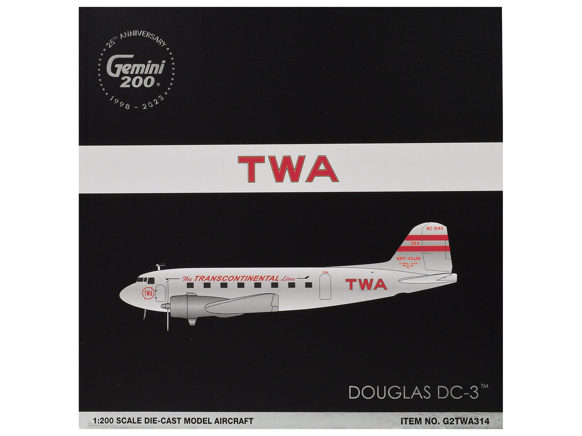 Douglas DC-3 Commercial Aircraft "TWA (Trans World Airlines)" (NC1943) Polished Metal Finish with Red Tail Stripes "Gemini 200" Series 1/200 Diecast Model Airplane by GeminiJets GeminiJets