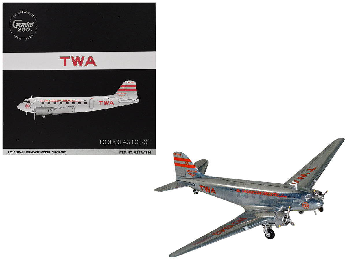Douglas DC-3 Commercial Aircraft "TWA (Trans World Airlines)" (NC1943) Polished Metal Finish with Red Tail Stripes "Gemini 200" Series 1/200 Diecast Model Airplane by GeminiJets GeminiJets