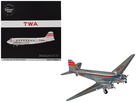 Douglas DC-3 Commercial Aircraft "TWA (Trans World Airlines)" (NC1943) Polished Metal Finish with Red Tail Stripes "Gemini 200" Series 1/200 Diecast Model Airplane by GeminiJets GeminiJets