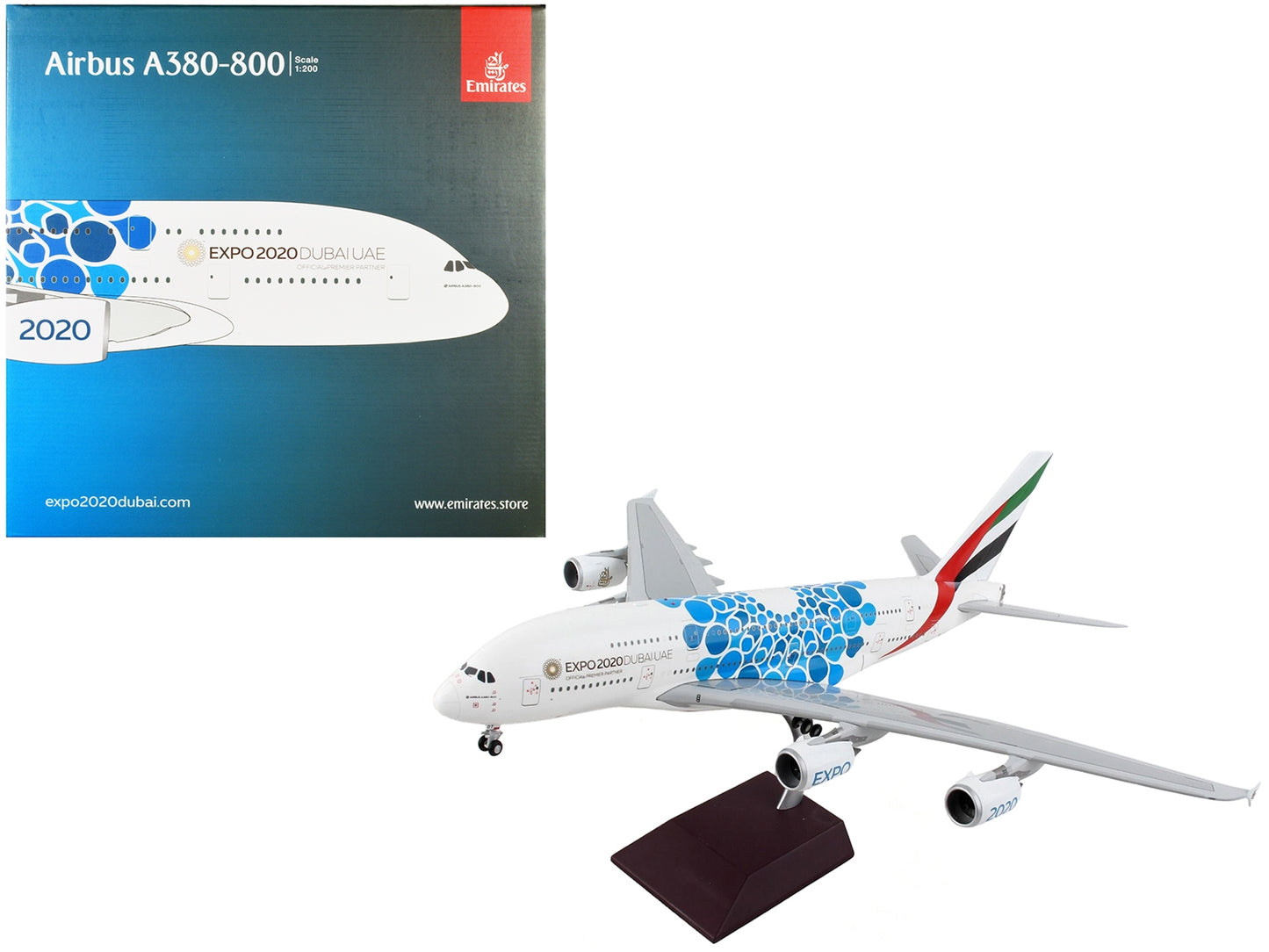 Airbus A380-800 Commercial Aircraft "Emirates Airlines - Dubai Expo 2020" White with Blue Graphics "Gemini 200" Series 1/200 Diecast Model Airplane by GeminiJets