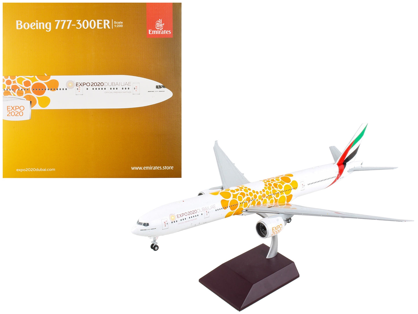 Boeing 777-300ER Commercial Aircraft "Emirates Airlines - Dubai Expo 2020" White with Orange Graphics "Gemini 200" Series 1/200 Diecast Model Airplane by GeminiJets