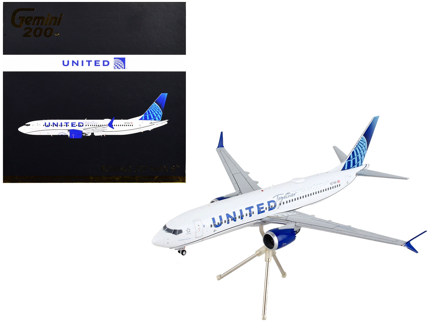 Boeing 737 MAX 8 Commercial Aircraft "United Airlines - United Together" White with Blue Tail "Gemini 200" Series 1/200 Diecast Model Airplane by GeminiJets