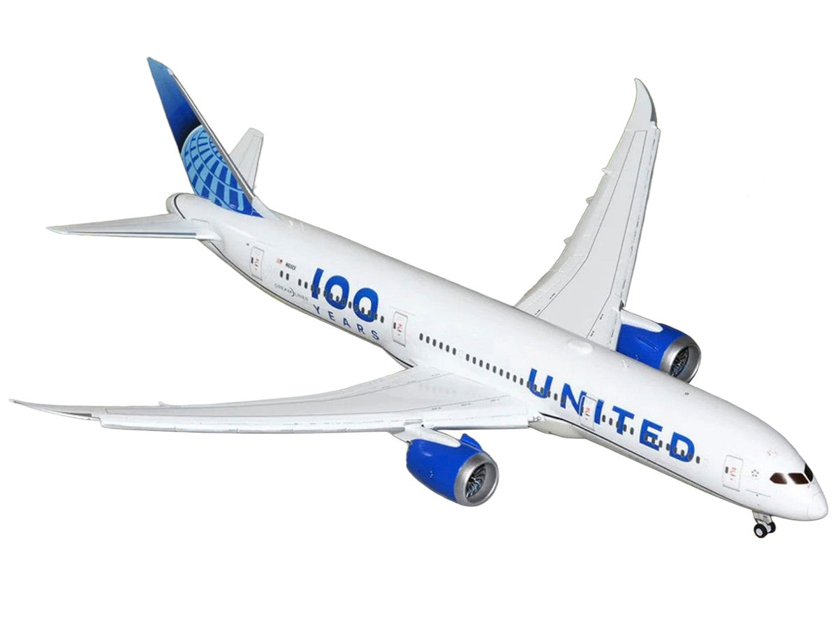 Boeing 787-9 Commercial Aircraft with Flaps Down "United Airlines 100 Years" (N61101) White with Graphics and Blue Tail "Gemini 200" Series 1/200 Diecast Model by GeminiJets GeminiJets