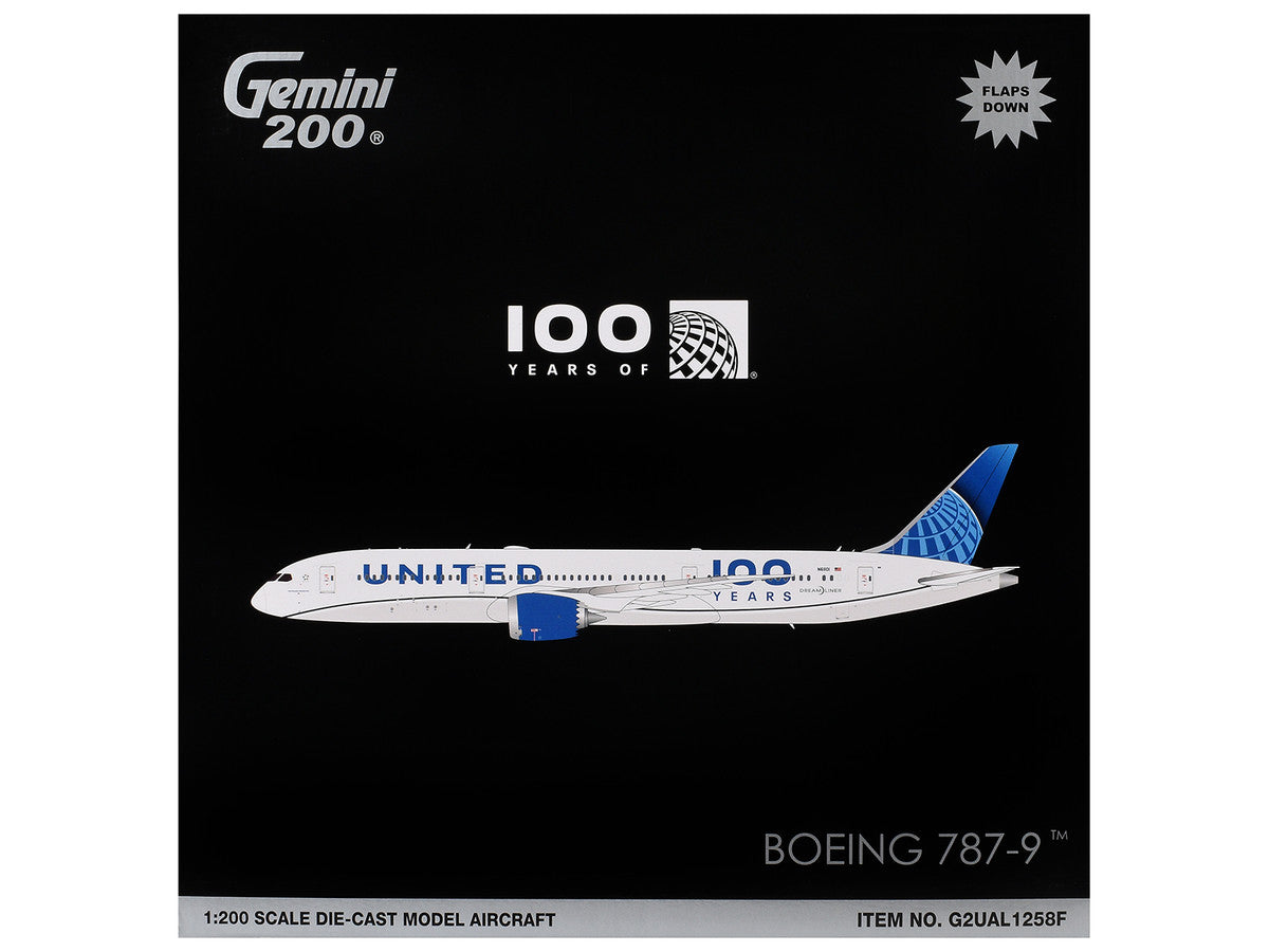 Boeing 787-9 Commercial Aircraft with Flaps Down "United Airlines 100 Years" (N61101) White with Graphics and Blue Tail "Gemini 200" Series 1/200 Diecast Model by GeminiJets GeminiJets
