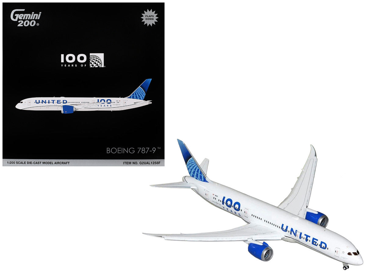 Boeing 787-9 Commercial Aircraft with Flaps Down "United Airlines 100 Years" (N61101) White with Graphics and Blue Tail "Gemini 200" Series 1/200 Diecast Model by GeminiJets GeminiJets